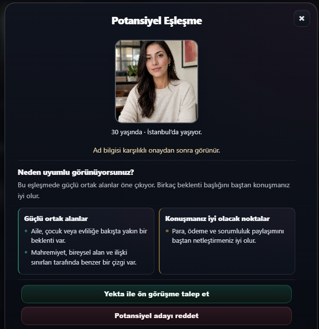 Kullanıcı ekranında potansiyel aday, uyum gerekçeleri ve ön görüşme talebi seçenekleri