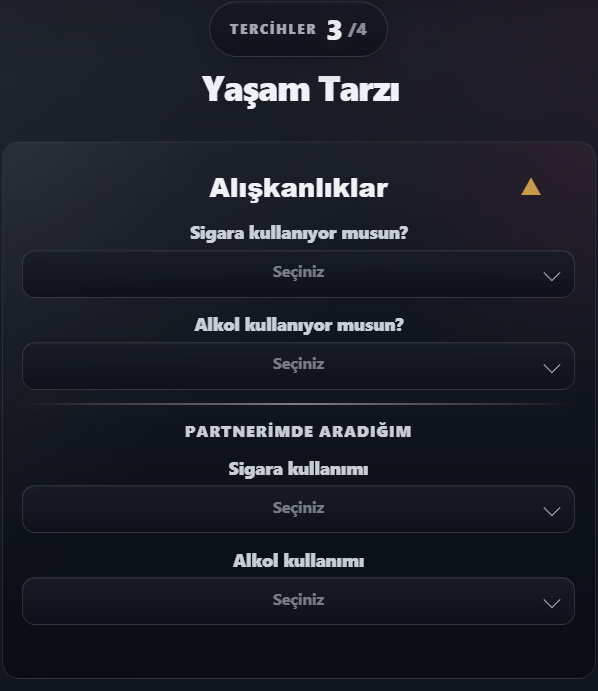 Detaylı profilde yaşam tarzı ve partner beklentilerinin birlikte sorulduğu tercihler formu